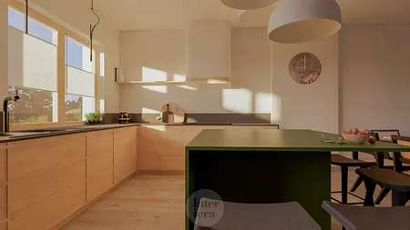 Kuchnia w stylu japandi i minimalistycznym z drewnianymi meblami i zielonym blatem.