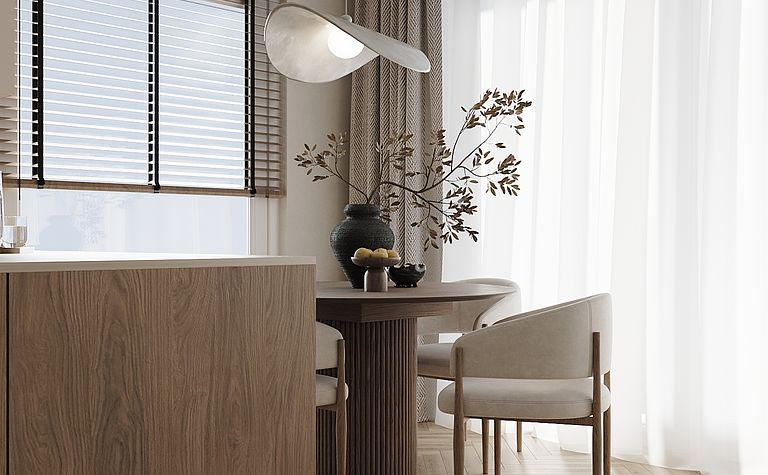 Wnętrze jadalni w stylu japandi i minimalistycznym z drewnianym stołem i roślinnością.