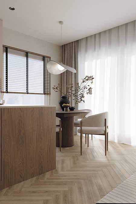 Wnętrze jadalni w stylu japandi i minimalistycznym z drewnianym stołem i roślinnością.