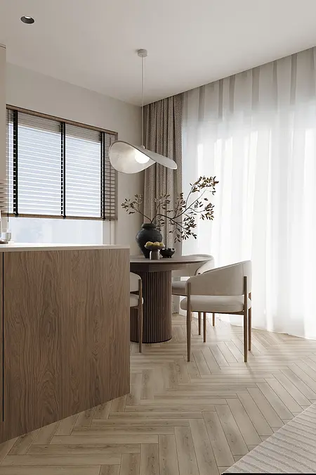 Wnętrze jadalni w stylu japandi i minimalistycznym z drewnianym stołem i roślinnością.