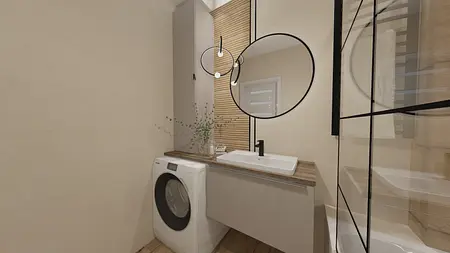 Wnętrze nowoczesnej łazienki z pralką i lustrem