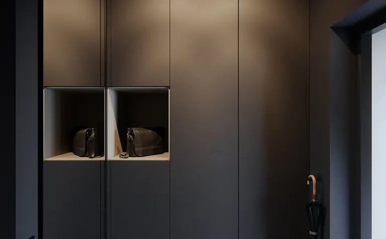 Przedpokój w stylu eklektycznym i industrialnym z minimalistycznymi akcentami.