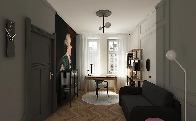 Wnętrze biura z szaro-białymi akcentami i drewnianymi elementami w stylu dopamine decor.