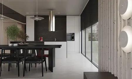 Nowoczesna kuchnia z minimalistycznym designem, białymi meblami i czarnymi detalami.