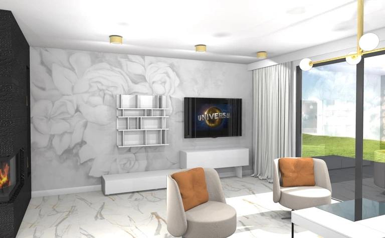Wnętrze nowoczesnego salonu z elementami art deco, glamour i japandi. Biała sofa, czarna ściana.