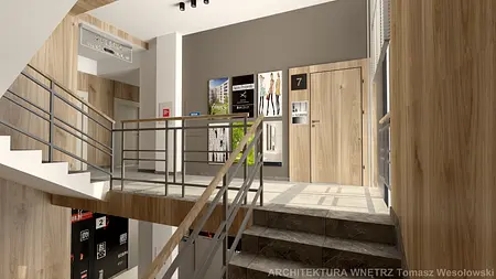 Korytarz z drewnianymi panelami i szarymi ścianami, nowoczesny design.