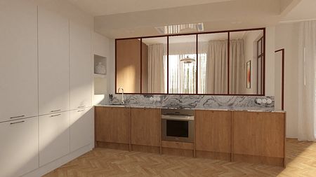 Kuchnia w stylu minimalistycznym z drewnianymi meblami i marmurowym blatem, soft minimalizm, vintage.