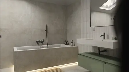 Nowoczesna łazienka z wanną, umywalką i drewnianymi akcentami.