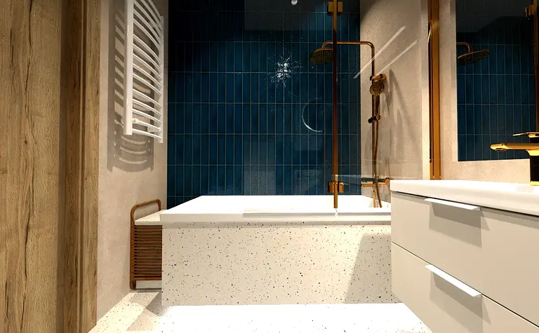 Współczesna łazienka z białą wanną i niebieskimi płytkami, złotymi akcentami.