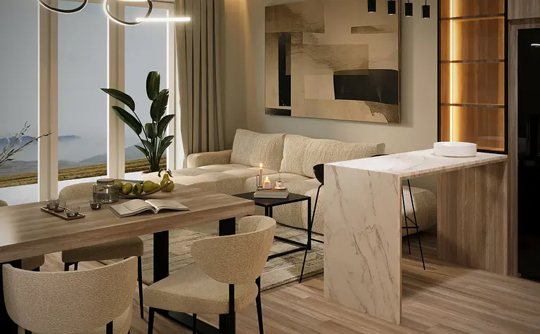 Minimalistyczny salon z jasnymi meblami i drewnianą podłogą.