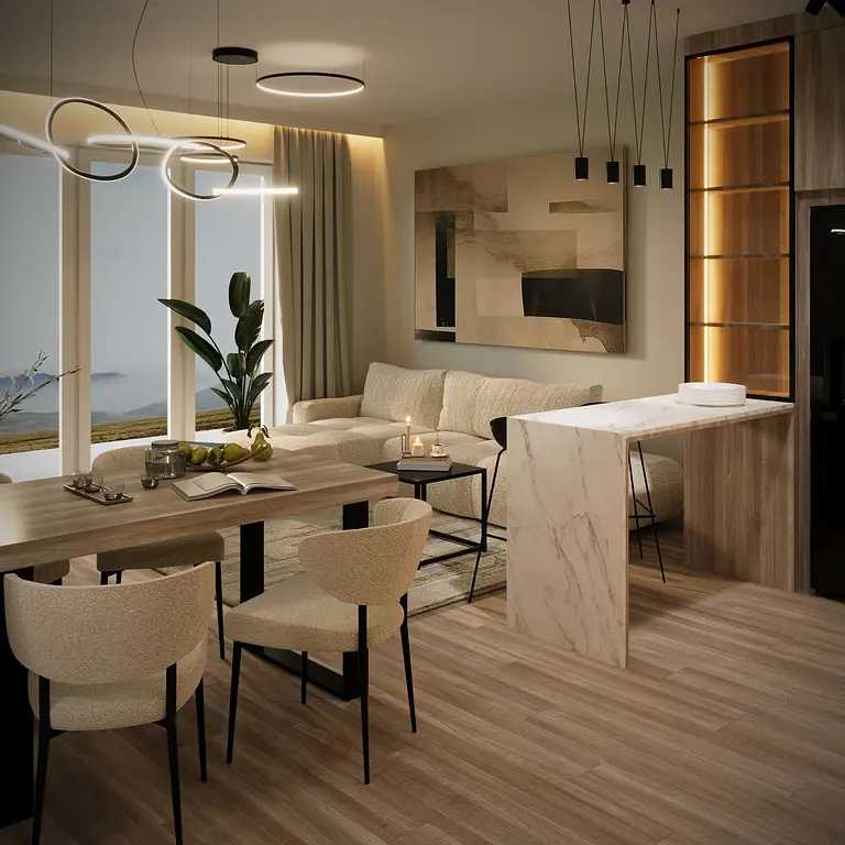 Minimalistyczny salon z jasnymi meblami i drewnianą podłogą.
