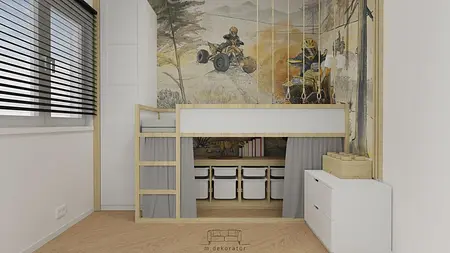 Pokój dziecięcy w stylu japandi, minimalistycznym, skandynawskim, współczesnym z łóżkiem i muralem.