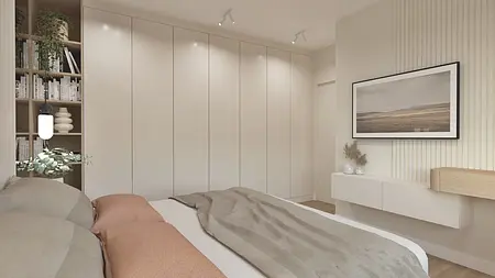 Wnętrze sypialni w stylu boho, japandi i minimalistycznym z beżowymi akcentami.