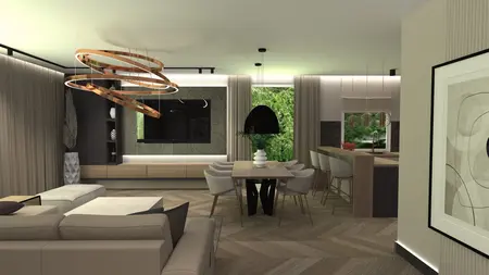 Wnętrze z industrialnym i nowoczesnym designem, jasny salon z dużą sofą i jadalnią.