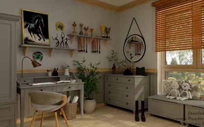 Wnętrze pokoju z biurkiem, roślinami i dekoracjami vintage w stylu boho i skandynawskim.