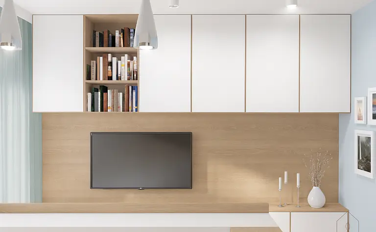 Nowoczesne wnętrze z białymi meblami i drewnianym wykończeniem, minimalistyczny styl.