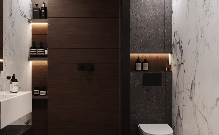 Stylowa łazienka w stylu industrialnym, japandi, minimalistycznym, nowoczesnym, soft minimalizm.
