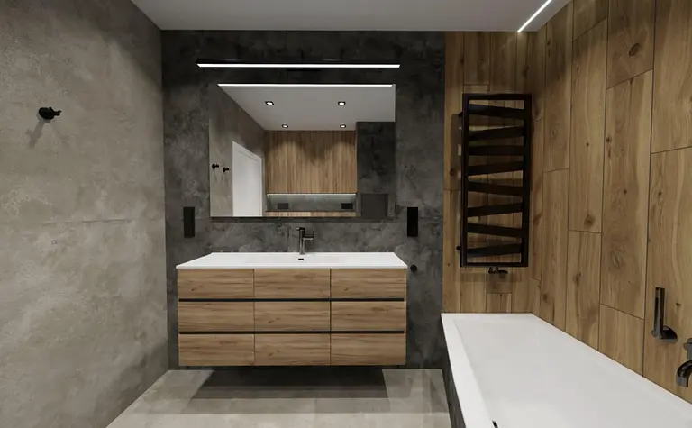 Wnętrze łazienki z drewnianymi elementami, industrialnymi akcentami oraz minimalistycznym designem.