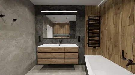 Wnętrze łazienki z drewnianymi elementami, industrialnymi akcentami oraz minimalistycznym designem.