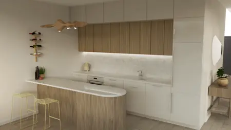 Kuchnia boho z drewnianymi meblami i jasnymi akcentami