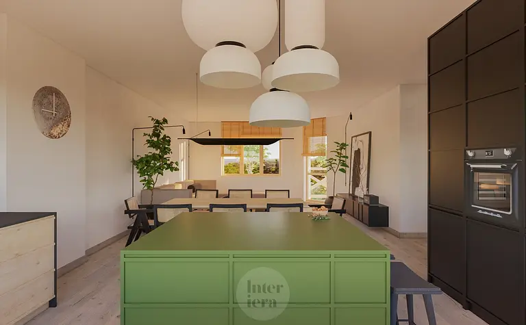 Kuchnia w stylu japandi i minimalistycznym z zielonym blatem, drewnianymi meblami i roślinami.