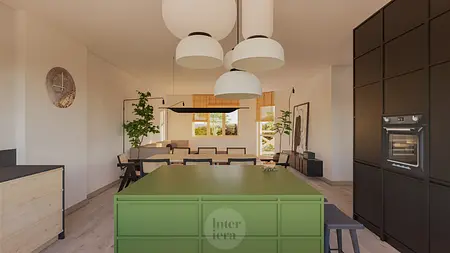 Kuchnia w stylu japandi i minimalistycznym z zielonym blatem, drewnianymi meblami i roślinami.
