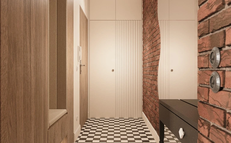 Przedpokój w stylu eklektycznym z nowoczesnymi akcentami, drewnianymi i ceglanymi detalami.