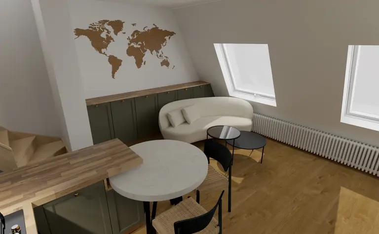 Wnętrze kuchni z zielonymi meblami, białą sofą oraz drewnianym blatem, boho, eklektyczne, soft minimalizm