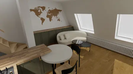 Wnętrze kuchni z zielonymi meblami, białą sofą oraz drewnianym blatem, boho, eklektyczne, soft minimalizm