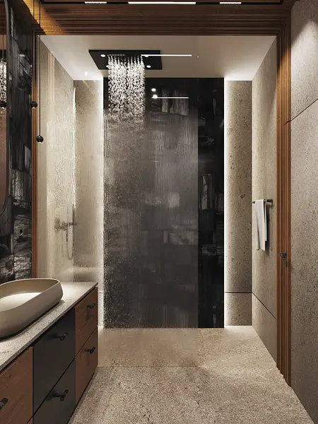Nowoczesna łazienka z minimalistycznym designem, soft minimalizm, quiet luxury, szare wykończenie, drewniane akcenty.