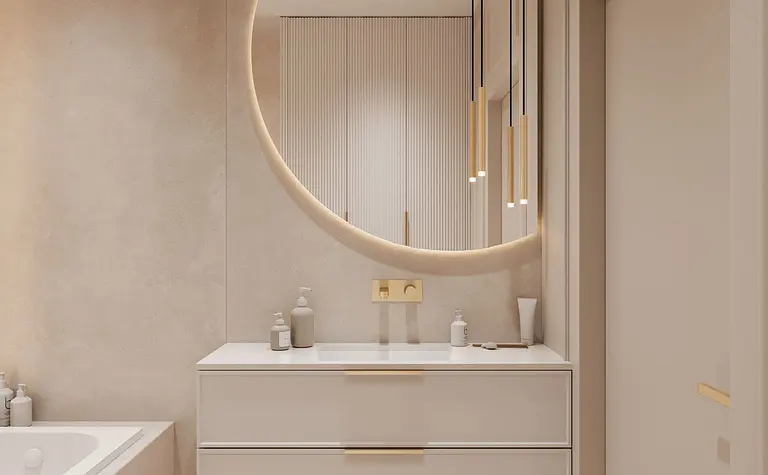 Nowoczesna łazienka z białą umywalką, minimaluxe i quiet luxury.