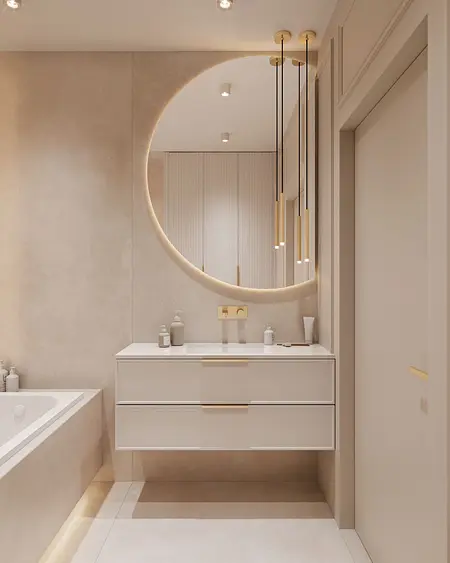 Nowoczesna łazienka z białą umywalką, minimaluxe i quiet luxury.