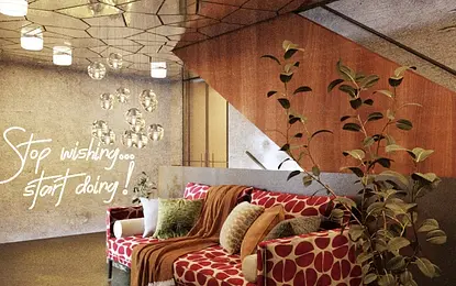 Wnętrze salonu z art deco, kolorową sofą i roślinami.