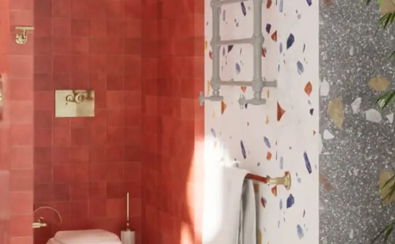 Łazienka w stylu art deco, dopamine decor, eklektyczny z czerwoną i białą mozaiką.