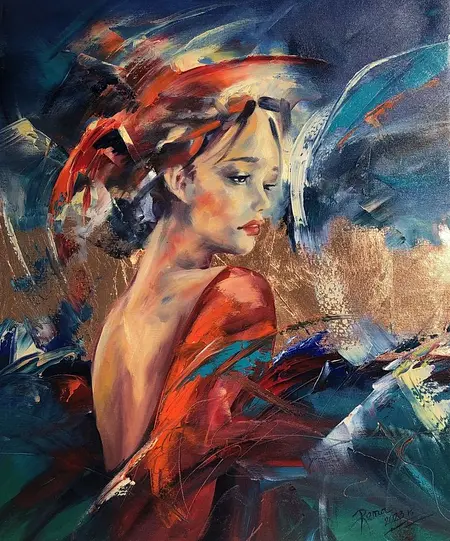 Artystyczny portret kobiety z elementami glamour i nowoczesnymi akcentami.