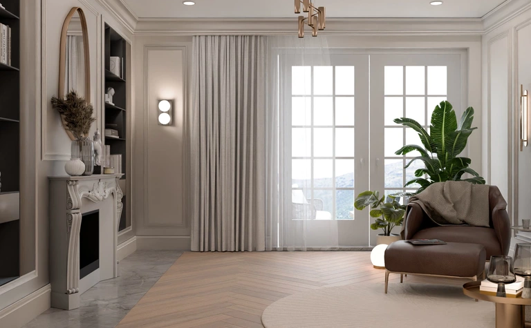 Wnętrze salonu w stylu minimaluxe z brązową sofą, roślinnością i eleganckim oświetleniem.