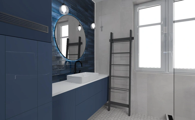 Wnętrze łazienki w stylu art deco z niebieskimi meblami, minimalistycznymi detalami.