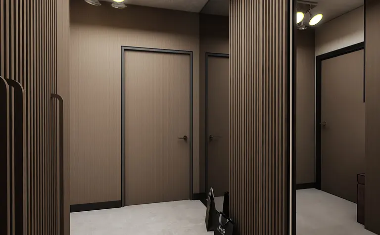 Przedpokój z brązowymi panelami i oświetleniem, nowoczesny design.