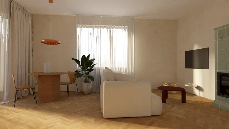 Wnętrze salonu w stylu minimalistycznym z vintage akcentami.