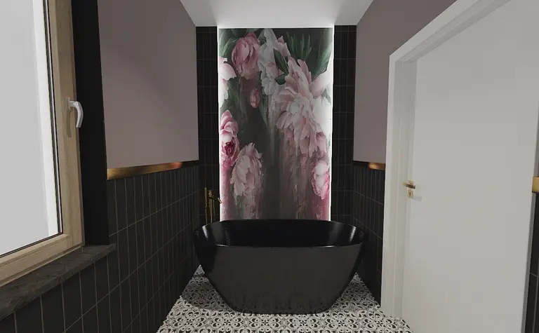Wnętrze łazienki z czarną wanną i kwiatowym akcentem na ścianie, styl eklektyczny.