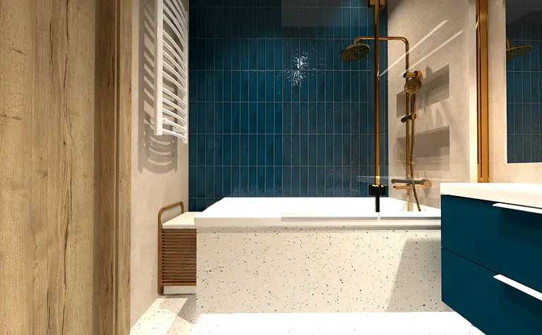 Współczesna łazienka z niebieskimi kafelkami, złotymi akcentami i drewnianymi elementami.