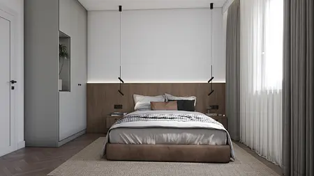 Sypialnia z dużym łóżkiem, szafą i zasłonami w tradycyjnym stylu.