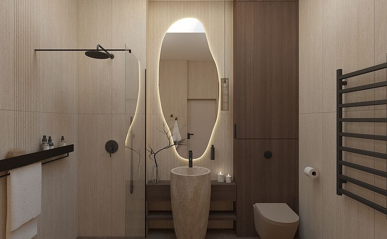 Nowoczesna łazienka w stylu japandi z drewnianymi elementami i minimalistycznym designem.