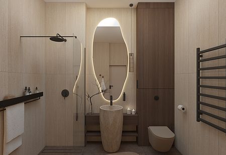 Nowoczesna łazienka w stylu japandi z drewnianymi elementami i minimalistycznym designem.