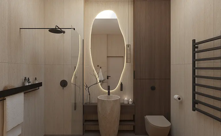 Nowoczesna łazienka w stylu japandi z drewnianymi elementami i minimalistycznym designem.