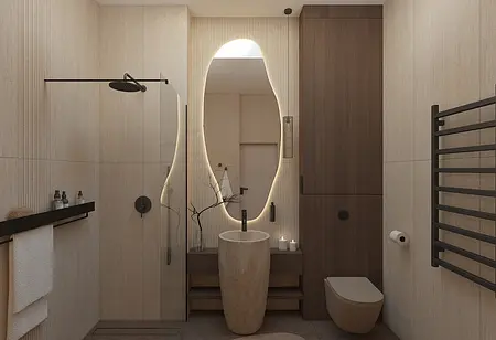 Nowoczesna łazienka w stylu japandi z drewnianymi elementami i minimalistycznym designem.