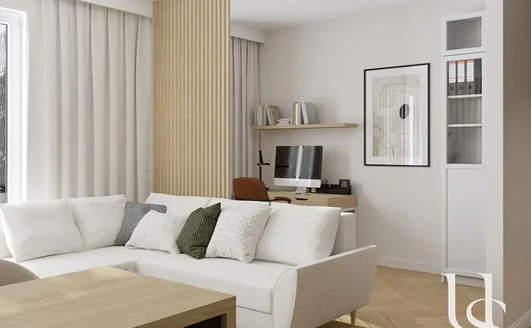 Minimalistyczny i nowoczesny salon z białą sofą oraz biurkiem.