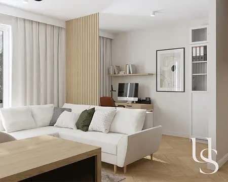 Minimalistyczny i nowoczesny salon z białą sofą oraz biurkiem.