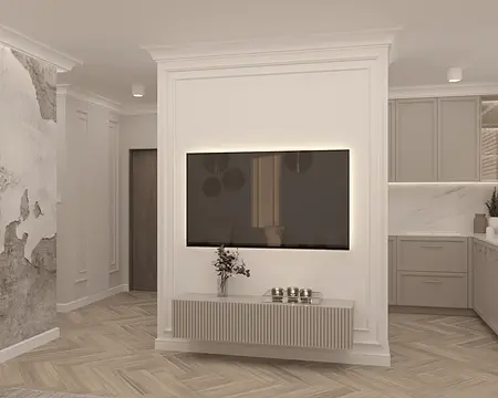 Wnętrze salonu z nowoczesnym telewizorem i drewnianą podłogą, styl quiet luxury.