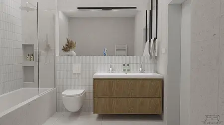 Wnętrze łazienki w stylu japandi, minimalistycznym i skandynawskim z drewnianymi akcentami.